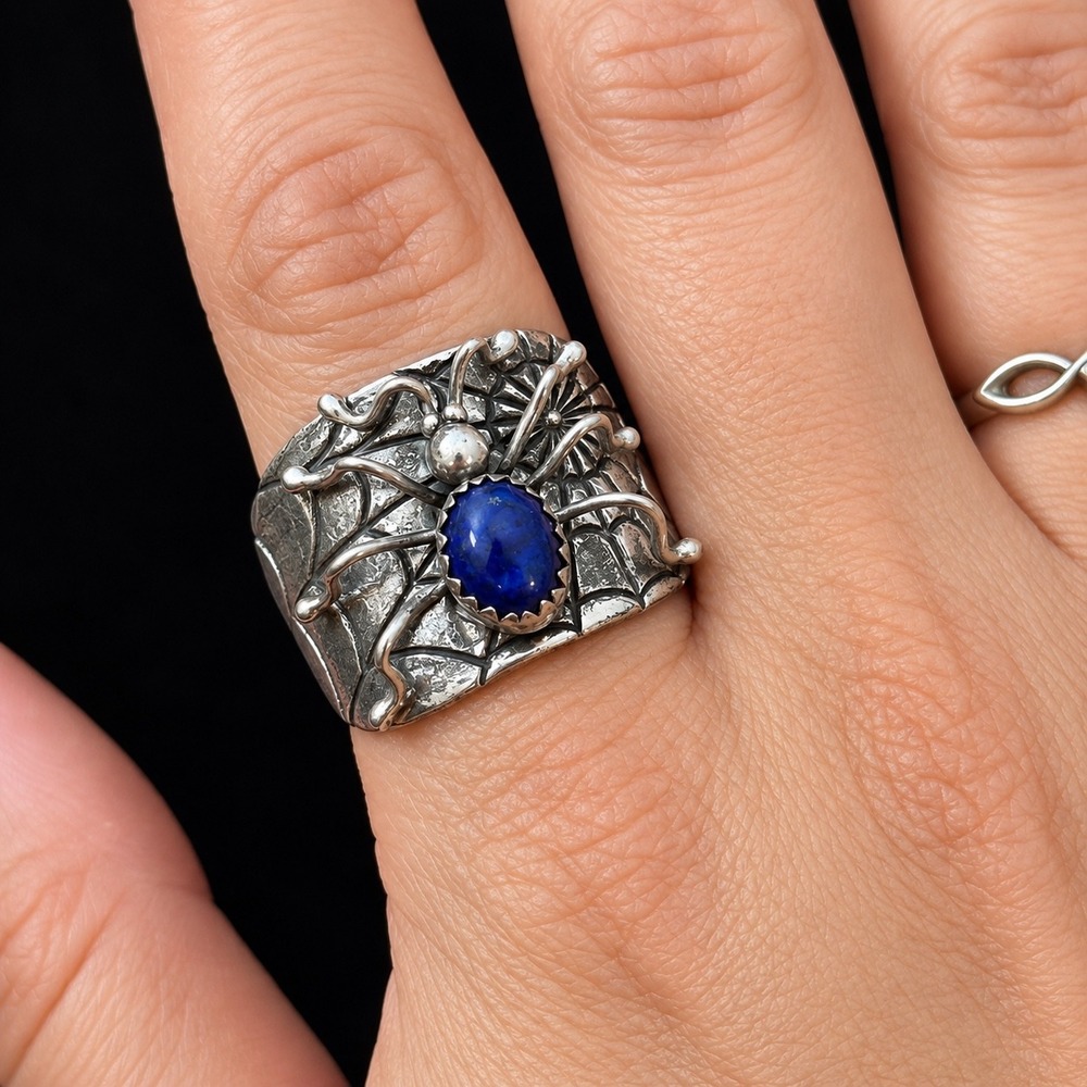 Sterling Silver Lapis Lazuli Spider Web Statement Ring Size 10 Gothic Boho 925